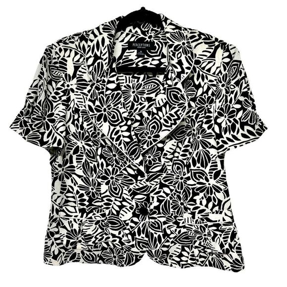 Perceptions New York Dark Brown White Floral Short Sleeve Shirt Light Top Flower - Picture 1 of 6